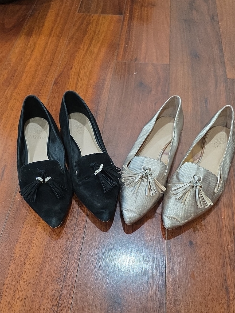 Vince Camuto 2 Pairs-  black And Gold Pointed Tassle suede loafers Flats